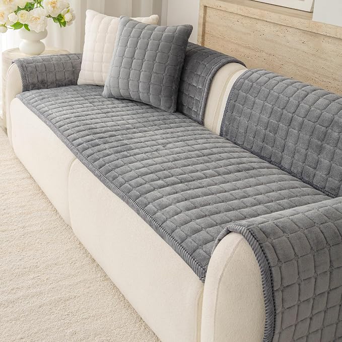 Velvet Washable Couch Cover for Dog,L Shape Sofa Cover for Pets. | 27.6"x27.6",Dark Grey,Sectional Couch Cover,Soft Velvet,Non-Slip,Furniture Protector,quilted - Image 6