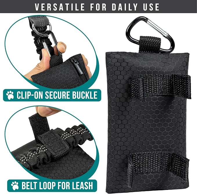 PetAmi Dog Poop Bag Holder for Leash, Pet Waste Bag Dispenser, Black | Soft Dog Poop Bag Holder Clips to Leash, Harness, Belt Storage for Treat Key, Pet Bag Dispenser, Doggy, Doggie - Image 4