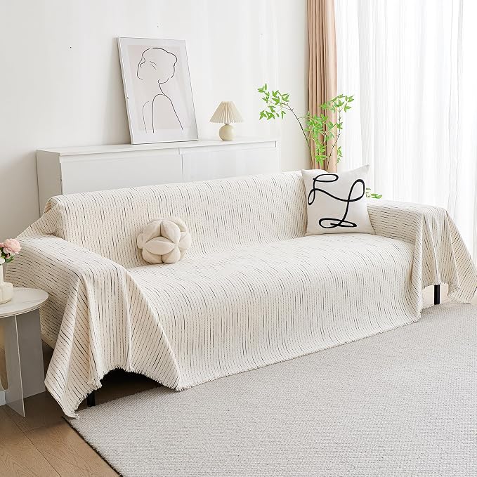 MYSKY HOME Couch Cover for Dogs, Sectional Couch Cover, Beige Lines Sofa Covers for Sectional Sofa L Shape Chenille Couch Protector for Dogs Pets Couch Covers Washable Soft Throw, 91"X150" - Image 2