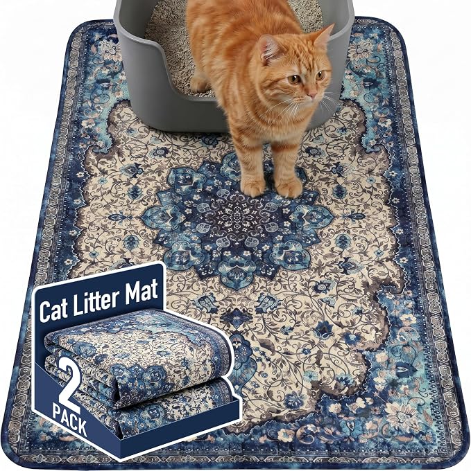 Hompet Cat Litter Mat 2 Pack, 24x36 Large Machine Washable Trapping Mats for Cats, Super Absorbent & Urine-Proof Cat Litter Box Mat for Floor, Waterproof & Non Slip Kitty Litter Rug by Hompet