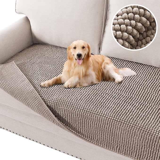 H.VERSAILTEX Plush Chenille Dog Bed Cover Thick Soft Loveseat Cover for 2 Cushion Couch Anti Slip Couch Cover Furniture Protector for Dog, Pet, Cat (35" x 62", Cuban Sand) by HVERSAILTEX