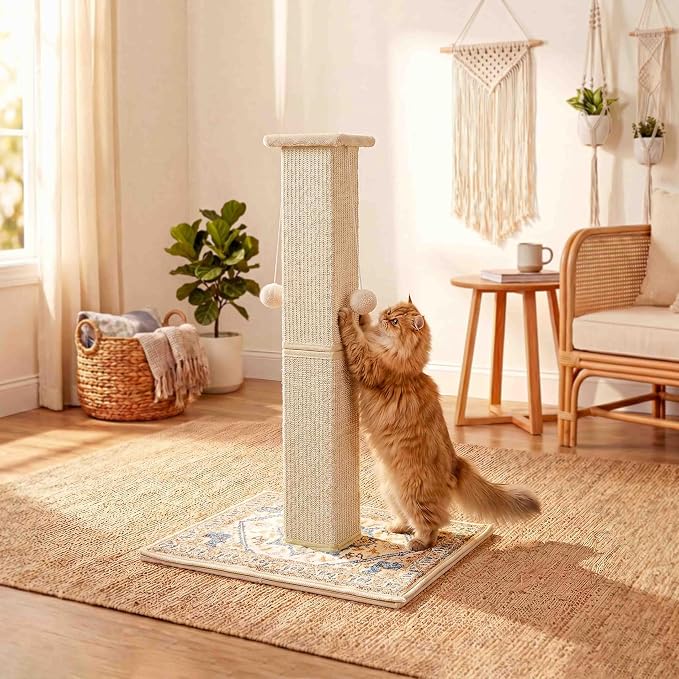 Tall Cat Scratching Post for Indoor Cats Adults with Carpet, White | 33 Inch, Large Cat Post with Perch, Heavy Duty&Stable, Sisal Rope, Cute Cat Scratcher with Boho Carpet & Dangling Ball Toys - Image 9
