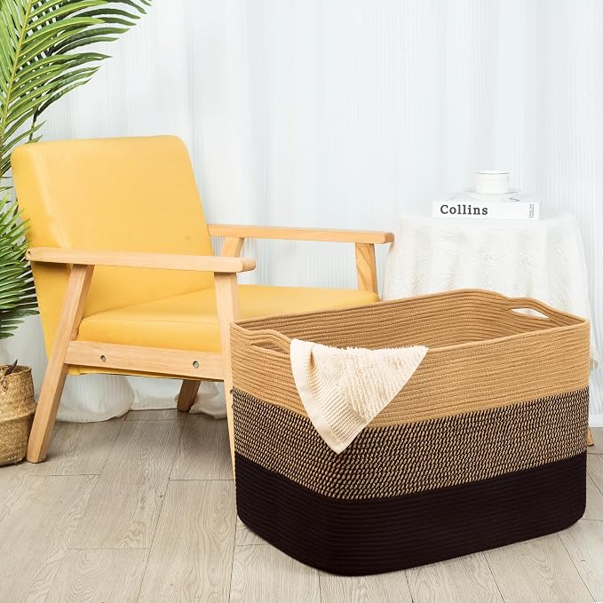 MINTWOOD Design 112L Extra Large Blanket Basket Holder Living Room, 25"x17"x16" Rectangle Rope Woven Storage Basket with Handles for Laundry, Pool Towels, Shoes, Dog Toy Organizer Bin Box, Black Jute - Image 3