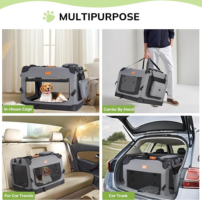 Morpilot 32-inch Portable Collapsible Dog Crate for Dogs up to 70lbs | Travel Dog Crate Soft-Sided for Medium Large Dogs, with Foldable Bowl, Shoulder Strap & Storage Pockets, Grey - Image 4