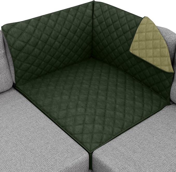 Sofa Shield® Couch Sectional Corner Slip Cover with Strap Hunter Green Sage | Reversible Furniture Protector, Stain and Tear Resistant Cushion Cover, Machine Washable Slipcover for Pets, Cats 70 inch by SofaShield