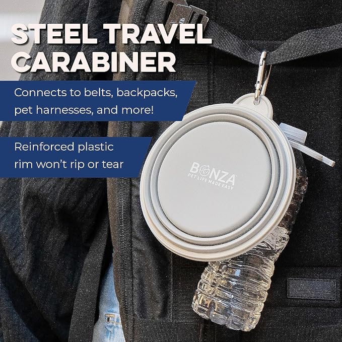 Bonza Collapsible Dog Bowls - 2 Pack, Small 12 oz, Dog Travel Accessories, Silicone Portable Dogs Bowl & Water Dish with Reinforced Rim & Carabiner for Hiking, Camping, and Car Trips, Light Gray - Image 4