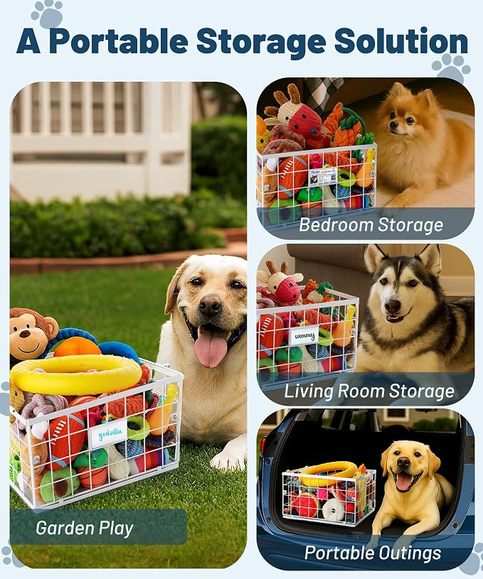 Dog Toy Basket, Dog Toy Storage Bin for Pet, Medium Toy Box for Dogs, Metal Storage Box with Handles, Toy Organizer Holder Boxes for Living Room (White) - Image 6