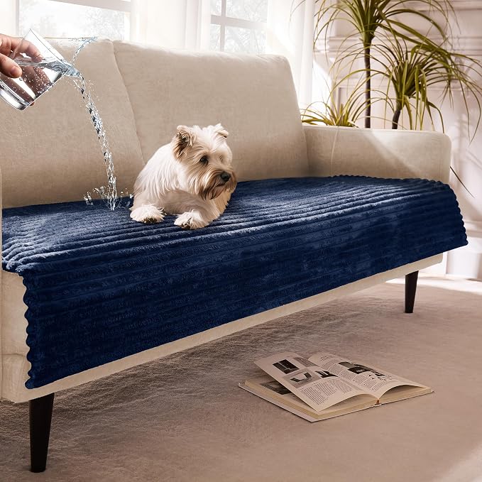 Dual Non-Slip Couch Cover for Dogs Waterproof, Fuzzy Soft Pet Couch Covers for Sofa 3 Cushion, Pet Friendly Soft Dog Bed Covers Sofa Cover Washable (Navy Blue, 33" x 75" 1 Pack) by Meider