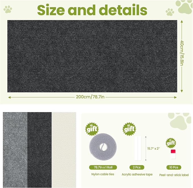 Cat Scratch Couch Furniture Protector, 78.7" x 15.8" Cat Scratcher Pad | Deterrent from Cats Claws Scratching, DIY Sisal Carpet Cat Proof Couch Cover Replacement for Indoor Sofa Wall Door, Dark Grey - Image 6