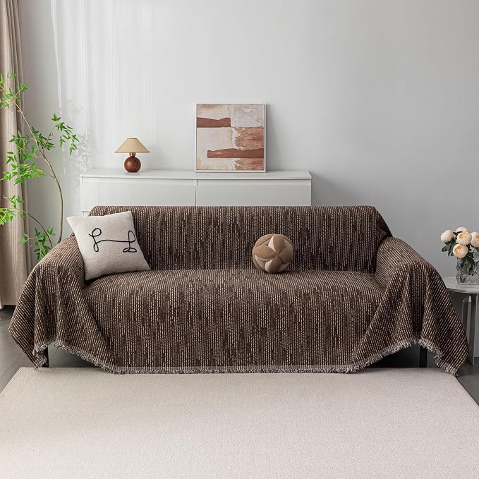MYSKY HOME Boho Couch Cover Deep Chocolate Sofa Covers with Tassel Farmhouse Sofa Slipcover Simple Couch Protector for Dogs Chenille Sectional Couch Covers L Shaped Couch Cushion Covers, 71"x 134" - Image 2