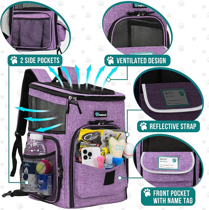PetAmi Dog Backpack Carrier, Airline Approved 4-Way Entry Cat Backpack Carrier, Ventilated Mesh, Collapsible Pet Carrier for Small Puppy, Kitten, Hiking, Travel Car, Vet, up to 18 lbs, Purple - Image 4