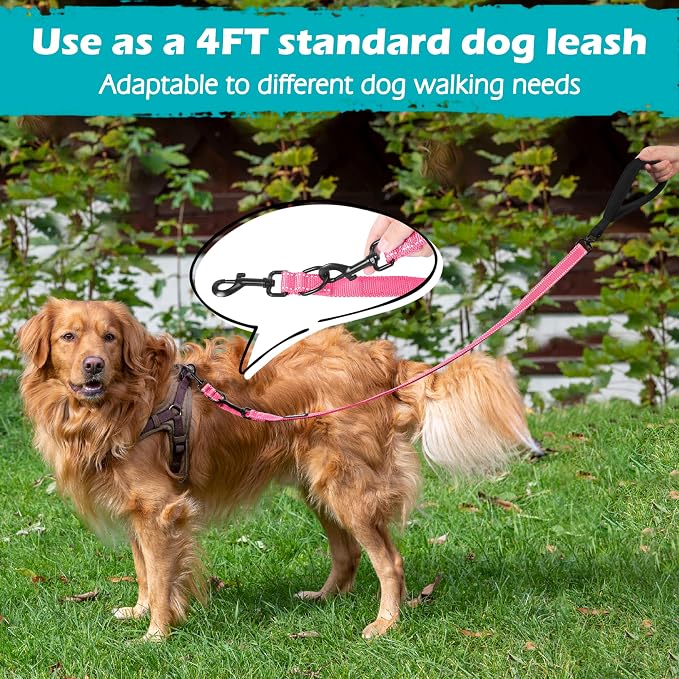 PetBonus Two Point Control Dog Leash, No Tangle Training Walking Leashes | Soft Padded Handle, Reflective, Works with No Pull Harnesses, Converts to Single Lead for Medium Large Dogs, Pink - Image 6