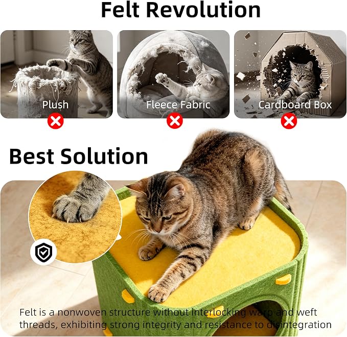 Cat House for Indoor Cats, Thick Felt Cat Bed, Scratch Resistant | Sturdy Cat Bed Cave, 2-in-1 Cat Condo, Cozy Felt Covered Cats Tunnel, 14.9 Inch Kitten Hideaway for Multicats, Up to 22Lbs - Image 3