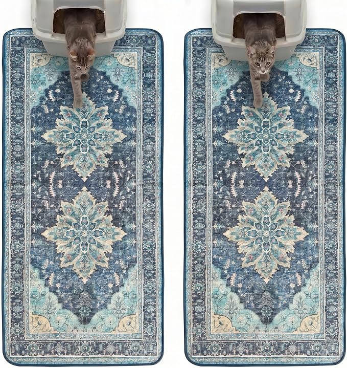 Hompet Cat Litter Mat 2 Pack, 24x60 Large Machine Washable Trapping Mats for Cats, Super Absorbent & Urine-Proof Cat Litter Box Mat for Floor, Waterproof & Non Slip Kitty Litter Rug by Hompet