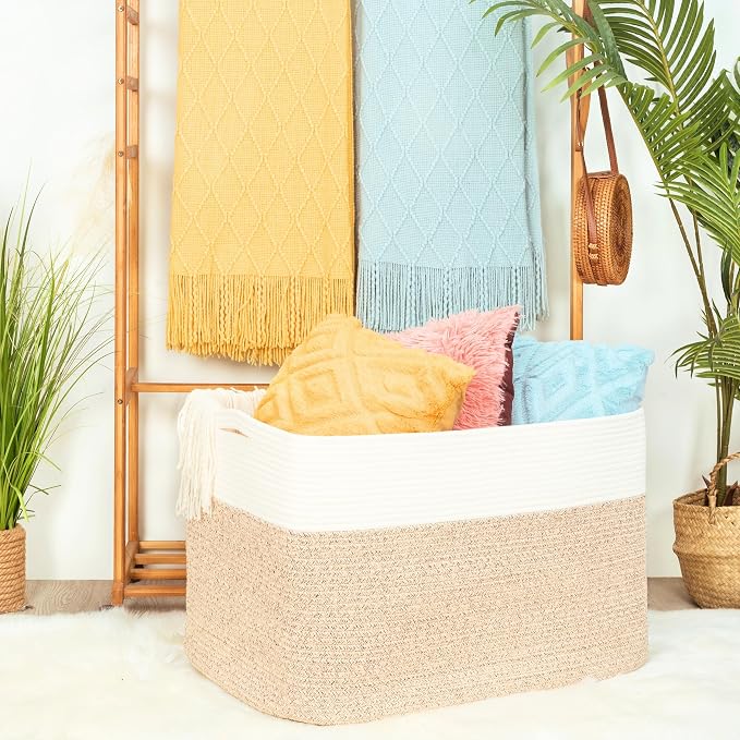 MINTWOOD Design 112L Extra Large Blanket Basket Holder Living Room, 25"x17"x16" Rectangle Rope Woven Storage Basket with Handles for Laundry, Pool Towels, Shoes, Dog Toy Organizer Bin Box, Light Brown - Image 2