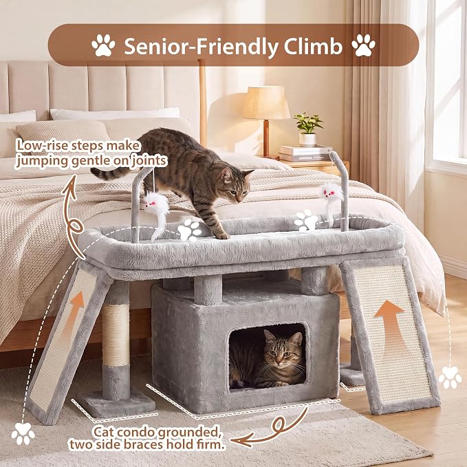 Heybly Cat Tree Extra-Long & Stable 2 Adjustable Scratch Boards HCT210SW | Easy-Climb Cat Tower with Dual-Leg Floor Condo, Sturdy Cat Furniture with Extra Wide Platform & Interactive Toys, Light Gray - Image 6