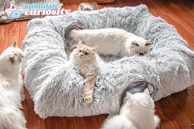 XxingSheep 4-Cave Plush XL Cat Tunnel Bed Indoor Cats Peekaboo Toy Mat Grey | Designed with multiple entrances that allow cats to play, chase and move comfortably through the tunnel - Image 3