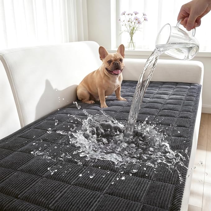 Fixwal Waterproof Corduroy Dog Couch Cover, 27.6" x 70.9", Dark Grey | Integrated TPU Barrier, Non-Slip Backing, Machine Washable, Pet Friendly, Easy Clean Pet Hair, Soft Sofa Cushion Protector by Fixwal
