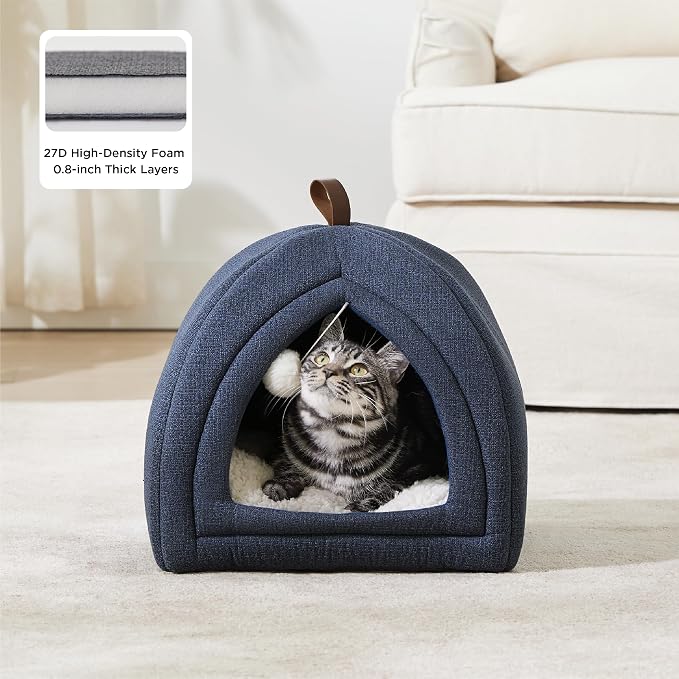 Bedsure 2in1 Cat Beds for Indoor Cats Cave for Kitten with Washable Pillow | 16in, Cat House for Small Pet, Covered Cat Tent, Foldable Hideaway, Fluffy Ball, Anti Slip Bottom, Removable Cushioned ,Navy - Image 2