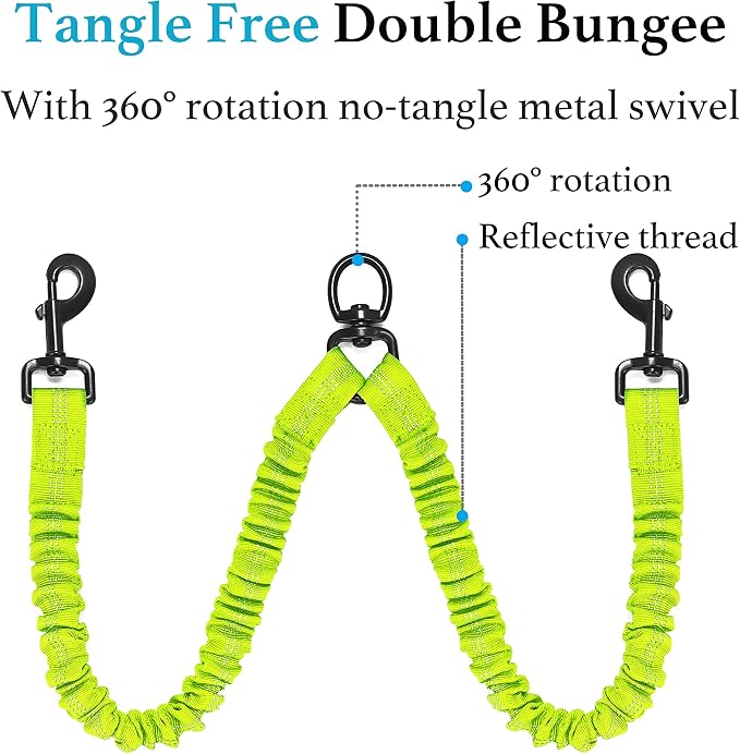 Double Dog Leash, 360° Swivel, No Tangle, Large, 25-150 lbs, Green | Dual Leash for Two Dogs, Split Leash, Shock-Absorbing Bungee, Padded Handle, Heavy-Duty Rope - Image 5