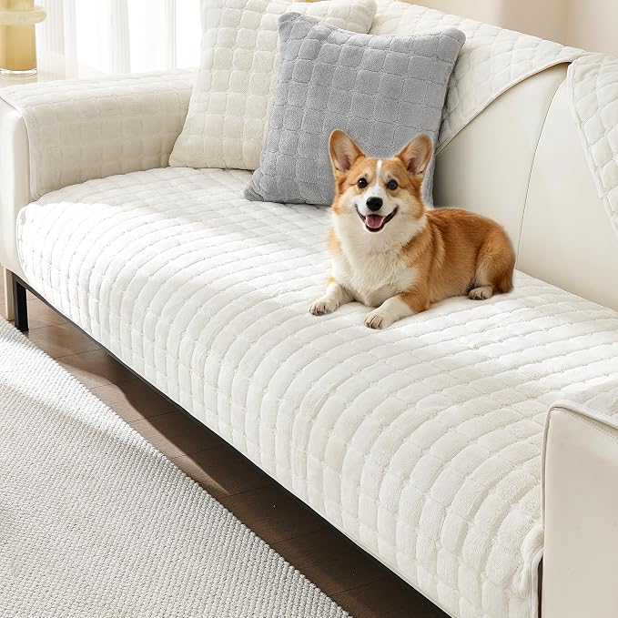 Couch Cover for Dogs,Velvet Non-Slip Couch Covers for Sofa Washable | Sofa Slipcovers for 3 Cushion Couch, Furniture Protector for Pet, L Shaped Sectional Couch Cover White, 36"X71" (Only 1 Pcs) by KaviKon
