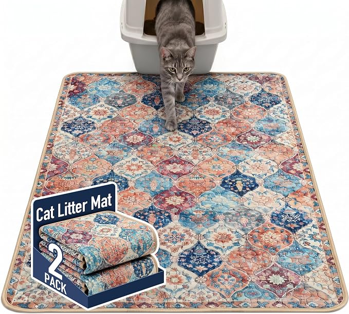 Hompet Cat Litter Mat 2 Pack, 48x60 Large Machine Washable Trapping Mats for Cats, Super Absorbent & Urine-Proof Cat Litter Box Mat for Floor, Waterproof & Non Slip Kitty Litter Rug by Hompet
