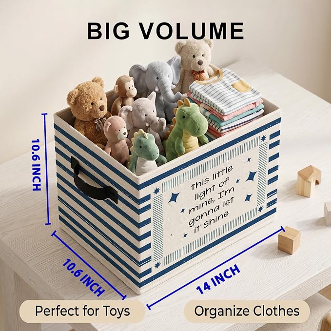 Vintage Christian Storage Bins Box, Faith Star Collapsible Organizer Basket | uplifting playful storage box basket for books clothes, navy striped organizer for nursery bedroom playroom, 10x14 in - Image 3