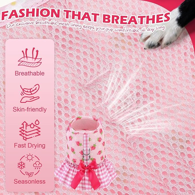 EXPAWLORER Dog Harness Small Medium Sized Dogs, No Choke No Pull Mesh Vest | Strawberry Dog Dress Bowknot Harness & Leash Set Soft Cute Princess Puppy Outfits Clothes Costume for Girls Party Cat Pink XS - Image 4
