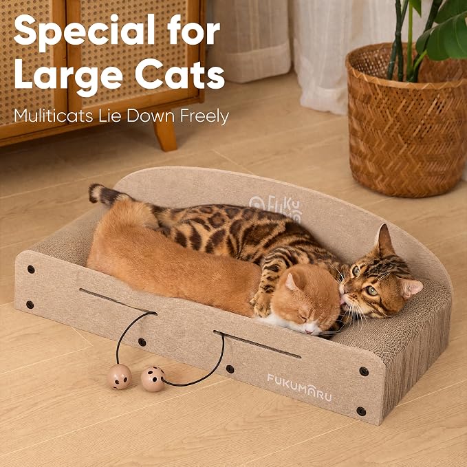 FUKUMARU Large Cat Scratcher Bed, 26 Inch Cat Scratching Bed Sofa Indoor | Cardboard Cat Scratcher with 2 Reversible Scratch Pad Refills, Durable Large Cat Scratching Lounger with Ball Toy, Beige - Image 6