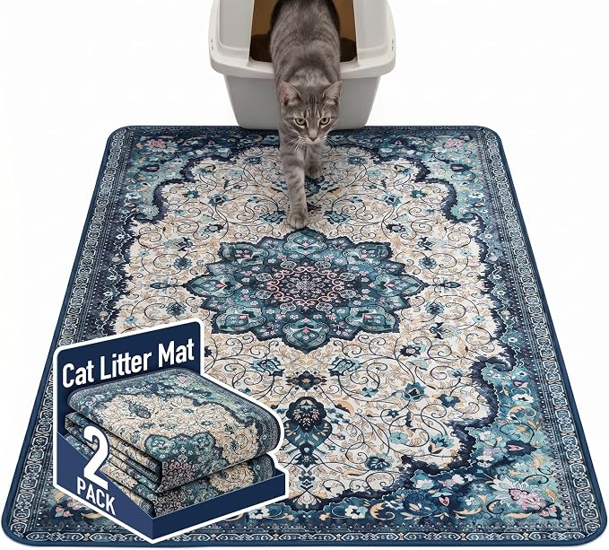Hompet Cat Litter Mat 2 Pack, 48x60 Large Machine Washable Trapping Mats for Cats, Super Absorbent & Urine-Proof Cat Litter Box Mat for Floor, Waterproof & Non Slip Kitty Litter Rug by Hompet