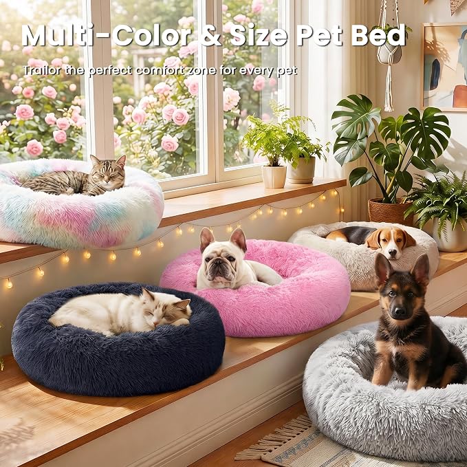 Love's cabin Calming Cat Bed for Indoor Cats, Anti-Anxiety Donut Round Dog Bed, Fluffy Faux Fur Washable Pet Bed for Small Medium Dogs and Cats, Navy, 24in - Image 7