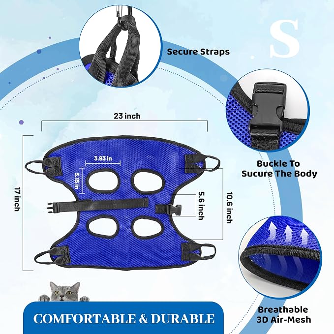 PatiencET Dog Grooming Hammock Kit | For Cats & Dogs up to 17 lb, Hanging Harness and Sling for Nail Trimming, Includes Clippers/Trimmer, File & Comb, Blue S - Image 2