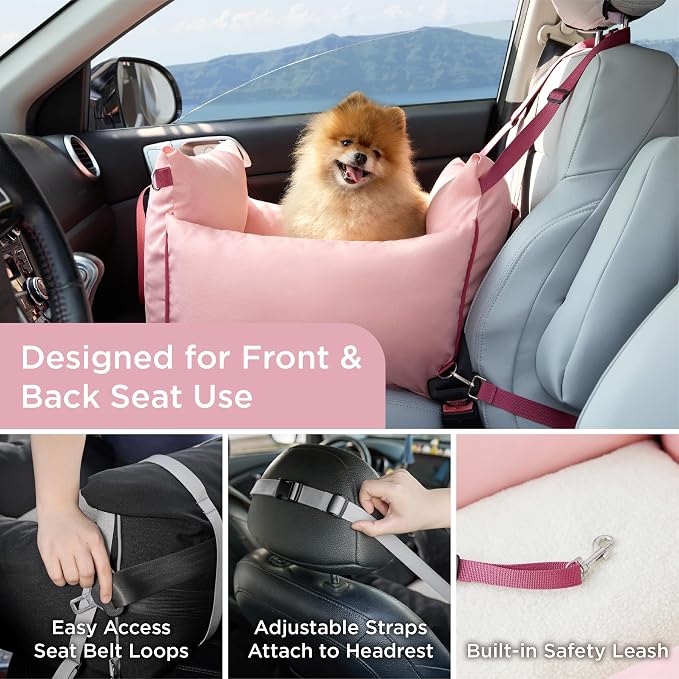 Lesure Dog Car Seat for Small Dogs,Booster Car Bed for Puppy Under 25lbs | Soft Pet Carseat with Clip-On Safety Leash and Thickened Memory Foam Filling,Dog Travel Carrier Bed with Storage Pocket,Pink - Image 2