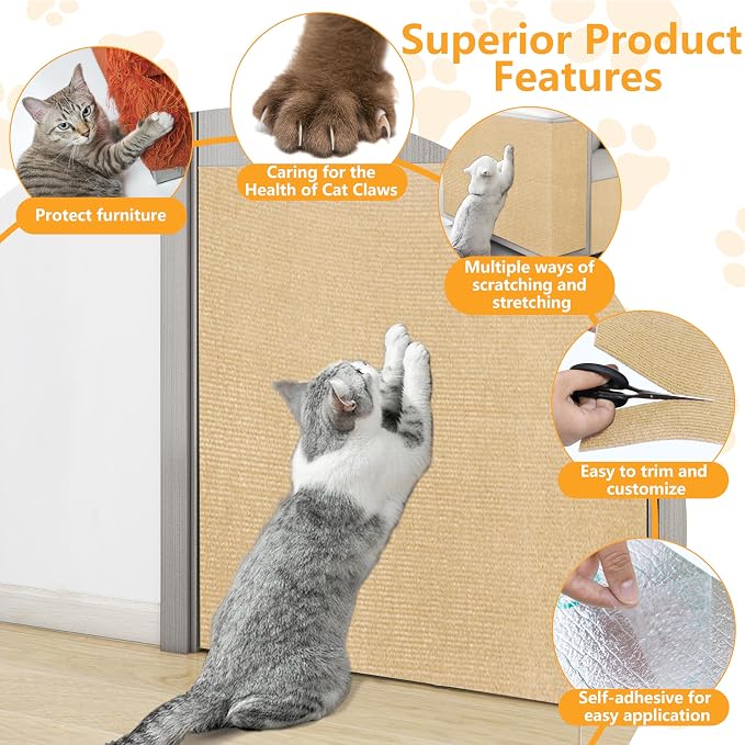 Cat Scratch Pad for Wall, Scratch Furniture Protector(78.7”×15.8”) | Cuttable and Adhesive Cat Scratching Mat, Fun Interactive Scratcher (Khaki) - Image 3