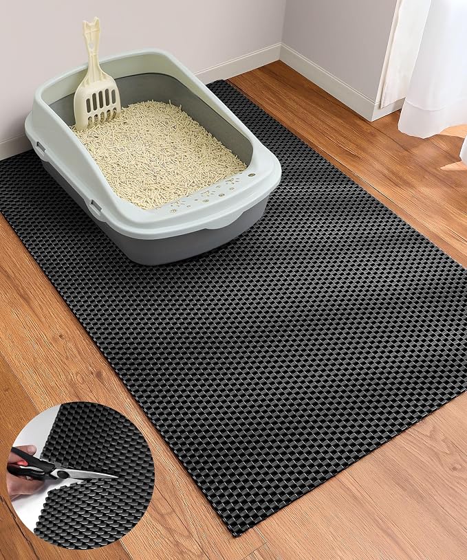 Cooyes Cat Litter Mat - Cut to Fit Any Place, 35"x23" Large Litter Trapping Mat for Litter Box, Easy to Clean, Waterproof & Non-Slip Kitty Pad, Scatter Control to Protect the Floor (Black) by Cooyes