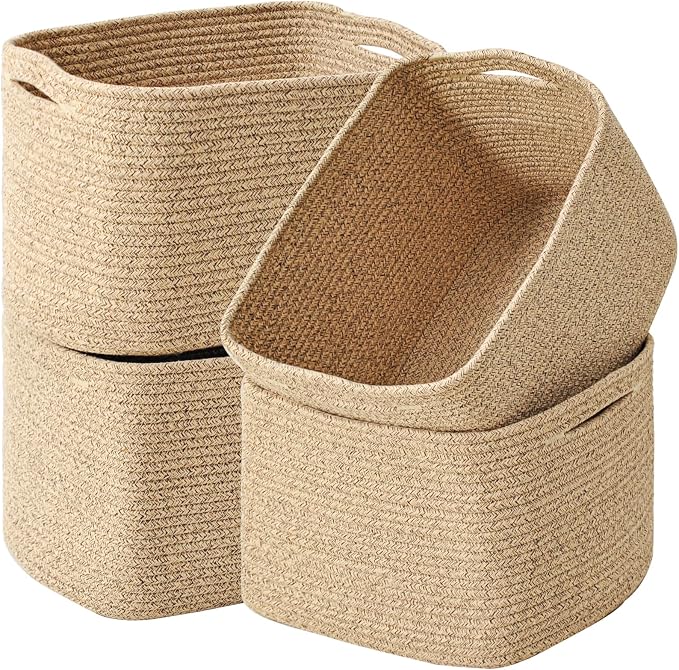 ICERZCZ Storage Baskets for Organizing & Shelves, Woven Cotton Rope Organization Bins for Dog Toys, Clothes, Books, Nursery Organizer, 15"Lx11''Wx9.5''H, (4 Packs) Brown by ICERZCZ