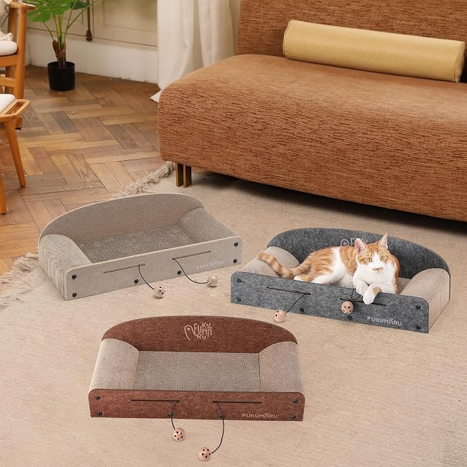 FUKUMARU Large Cat Scratcher Bed, 26 Inch Cat Scratching Bed Sofa Indoor | Cardboard Cat Scratcher with 2 Reversible Scratch Pad Refills, Durable Large Cat Scratching Lounger with Ball Toy, Grey - Image 8