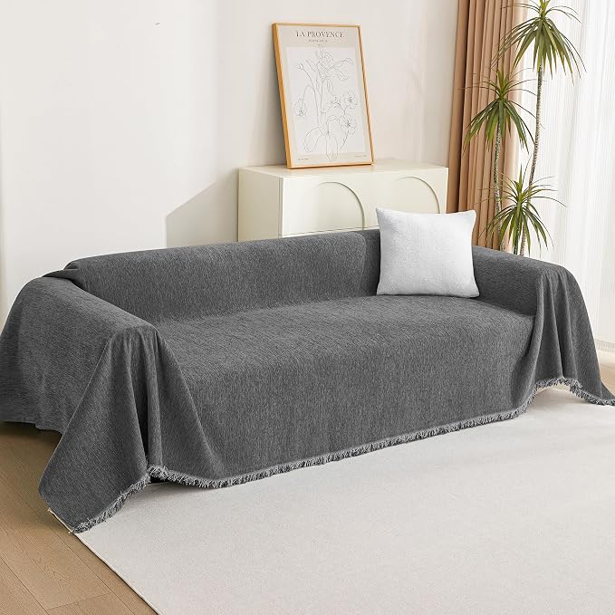 MYSKY HOME Boho Couch Cover Charcoal Gray Sofa Covers with Tassel Farmhouse Sofa Slipcover Simple Couch Protector for Dogs Chenille Sectional Couch Covers L Shaped Couch Cushion Covers, 91"x 134" - Image 8