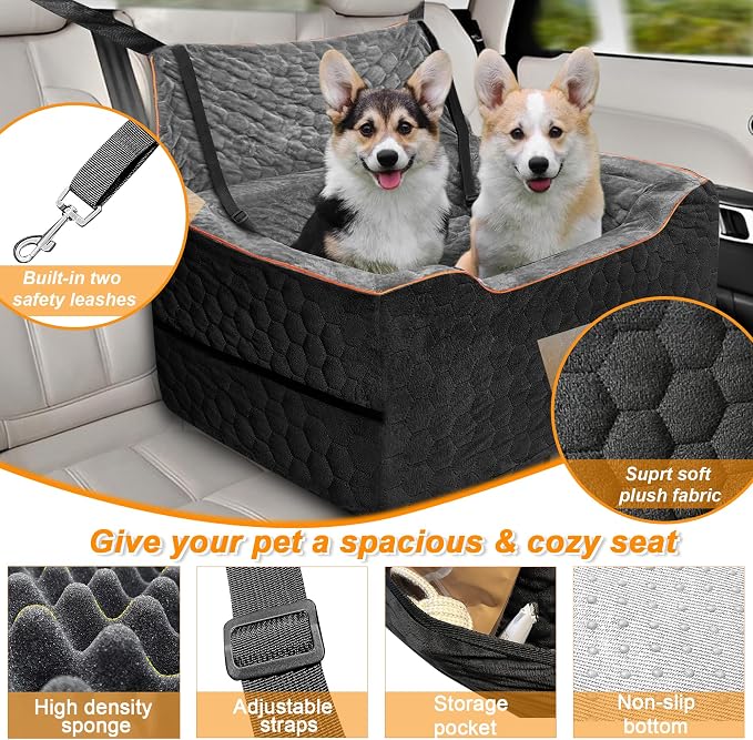 Dog Car Seat for Medium/Large Dog Booster Seat for Dogs Under 60 lbs or 2 Small Dogs, Multi-Functional Pet Car Seat with Thick Cushion, 2 Safety Leashes (BlackGray) - Image 3
