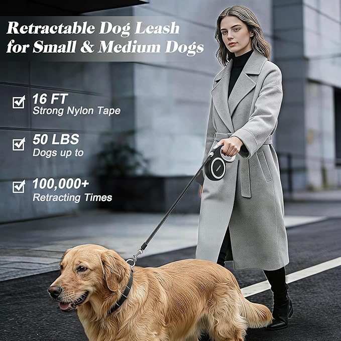 Retractable Dog Leash with Stainless Steel Anti-Chew Cable for Small & Medium Dogs up to 50 lbs | 16 ft Strong Nylon Reflective Tape | Quick Lock System (Medium, White) - Image 2