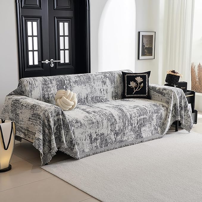 MYSKY HOME Sectional Couch Cover Deep Grey Abstract Geometric Sofa Covers for Sectional Sofa L Shape Chenille Couch Protector for Dogs Pets Couch Throw Cover Washable Durable for Home Decor, 91" X134" - Image 2