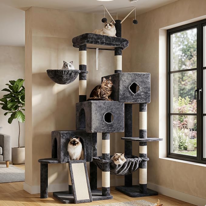 Hey-brother Cat Tree Tower with 3 Condos, Step Climbing Pathway MPJ081G | 74.8 Inches Scratching Post with 3 House, Hammock, Large Basket, Cozy Bed, Sisal Board, Toys for Big Indoor Cats, Smoky Gray by Hey-brother