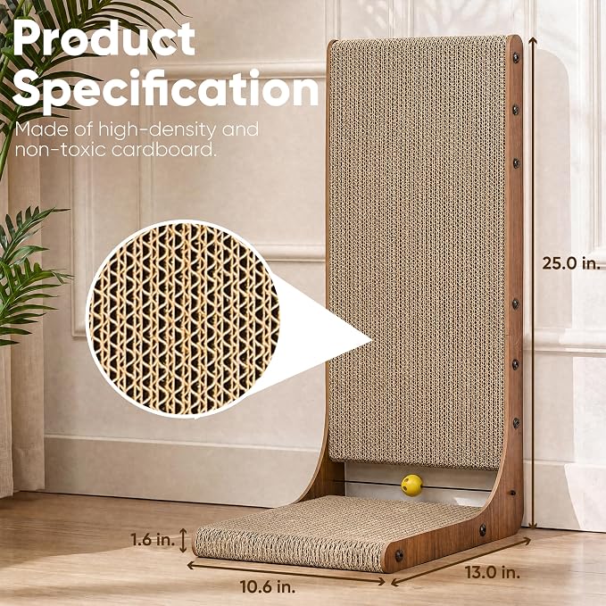 FUKUMARU Cat Scratcher 2 Packs, 25 Inch Cat Scratching Boards, L Shaped Pad | Cardboard Cat Scratcher for Indoor Cats, Vertical Scartch Pads with Ball Toy, Kitten Scratching Post Wall, Walnut Color - Image 5
