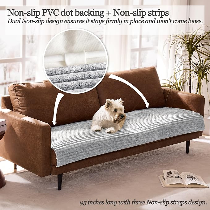 Dual Non-Slip Couch Cover for Dogs Waterproof, Fuzzy Soft Pet Couch Covers for Sofa 3 Cushion, Pet Friendly Soft Dog Bed Covers Sofa Cover Washable (Seagull Gray, 33" x 75" 1 Pack) - Image 2