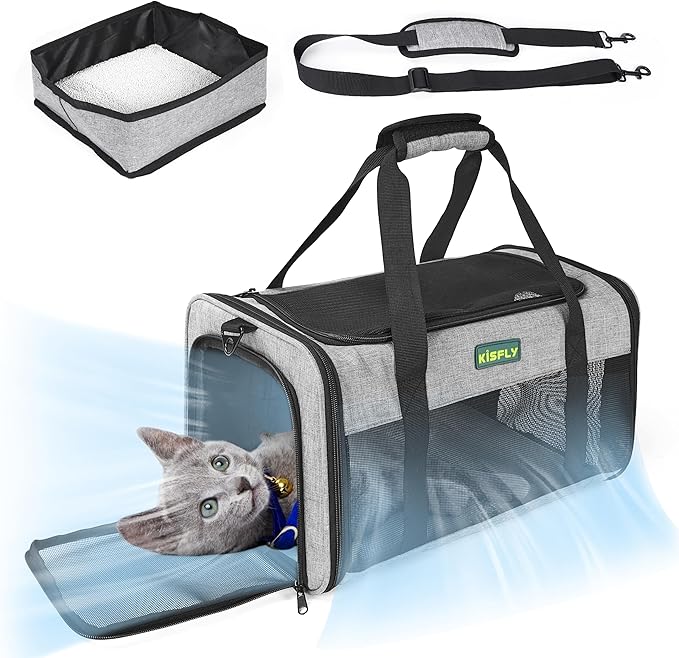 Foldable Cat Carrier 17"x11"x9.5", Soft-Sided Airline Travel Bag | Portable soft pet carrier with scratch-resistant mesh, easy top access and compact folding design for cats up to 12 lbs. by KISFLY