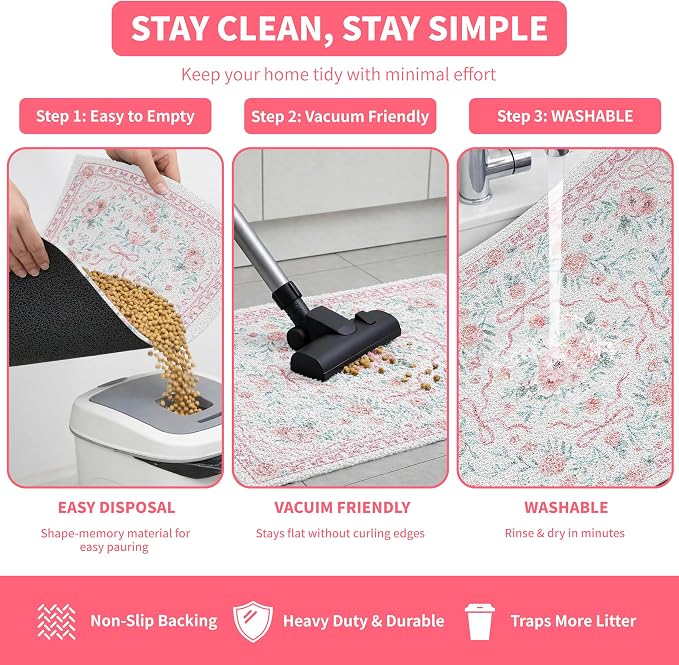 Cat Litter Mat 24"x15" for Litter Box, Non-Slip Washable Floor Mat with Litter Trapping Design, Scatter Control for Cats and Kittens, Pink - Image 5