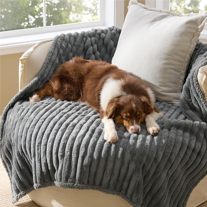Bedsure ComfyFleece™ Waterproof Dog Blankets for Large Dogs,50x60 | Soft Plush Couch Cover,Washable Corduroy Fleece for Furniture Protector,Cozy Calming Reversible Pet Blanket, Warm Grey - Image 2