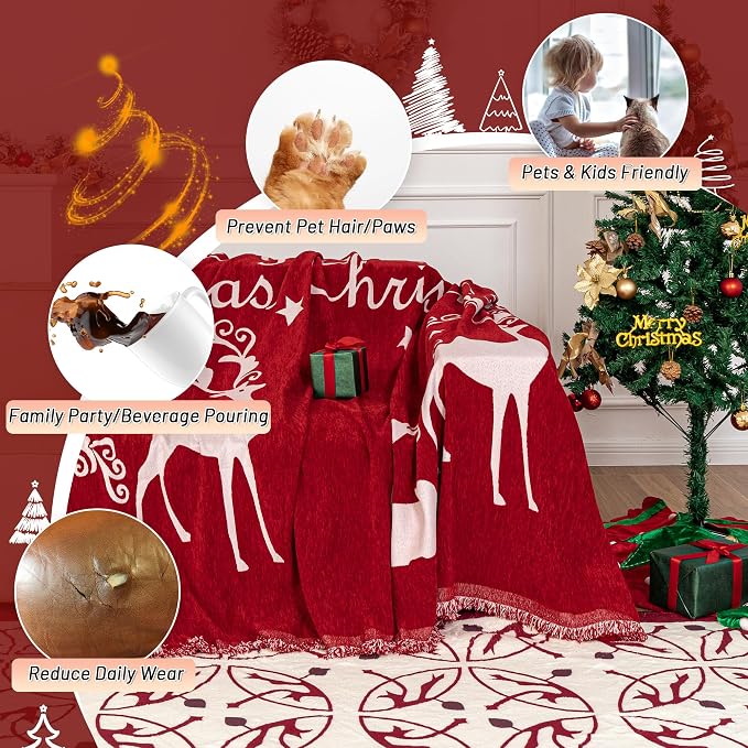 MYSKY HOME Christmas Couch Cover Sofa Cover, Couch Covers for 3 Cushion Couch Sofa Pet Friendly, L Shaped Couch Cover, Sectional Couch Covers Non Slip Furniture Protector for Kids, Dogs, 71"x134", Red - Image 2