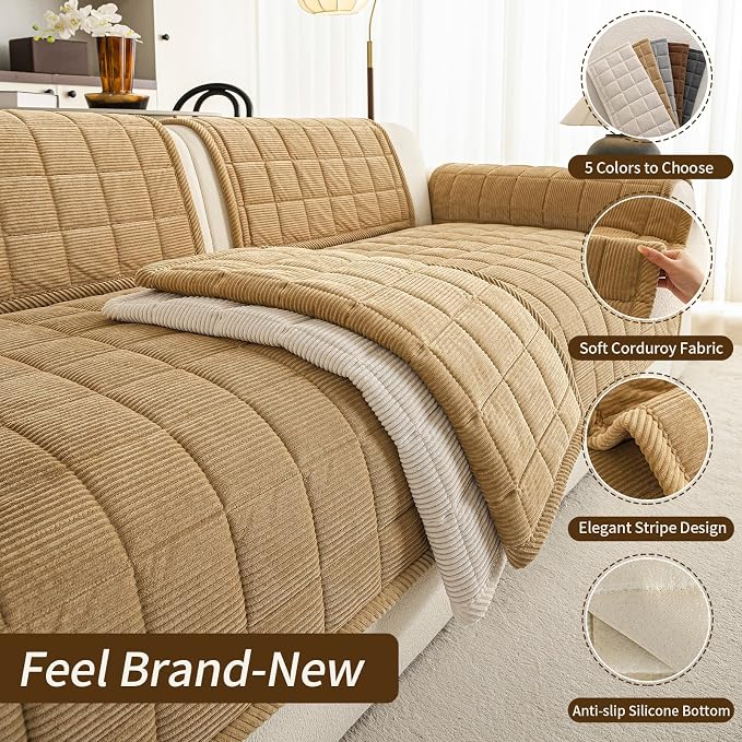 Couch Covers for Sectional Sofa, L Shaped Modular Couch Cover | 35”x63” Light Brown Velvet Non Slip Sofa Covers Washable for Loveseats, Couch Protect Against Pet Hair, Scratches & Stains - Image 3