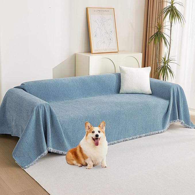 MYSKY HOME Chenille Couch Cover, Sofa Slipcover for 2-3 Cushion Sectional Couch, Machine Washable Soft Furniture Protector with Tassels, Futon Sofa Covers, Throw for Dogs, Kids 71" x 150", Blue by MYSKYHOME